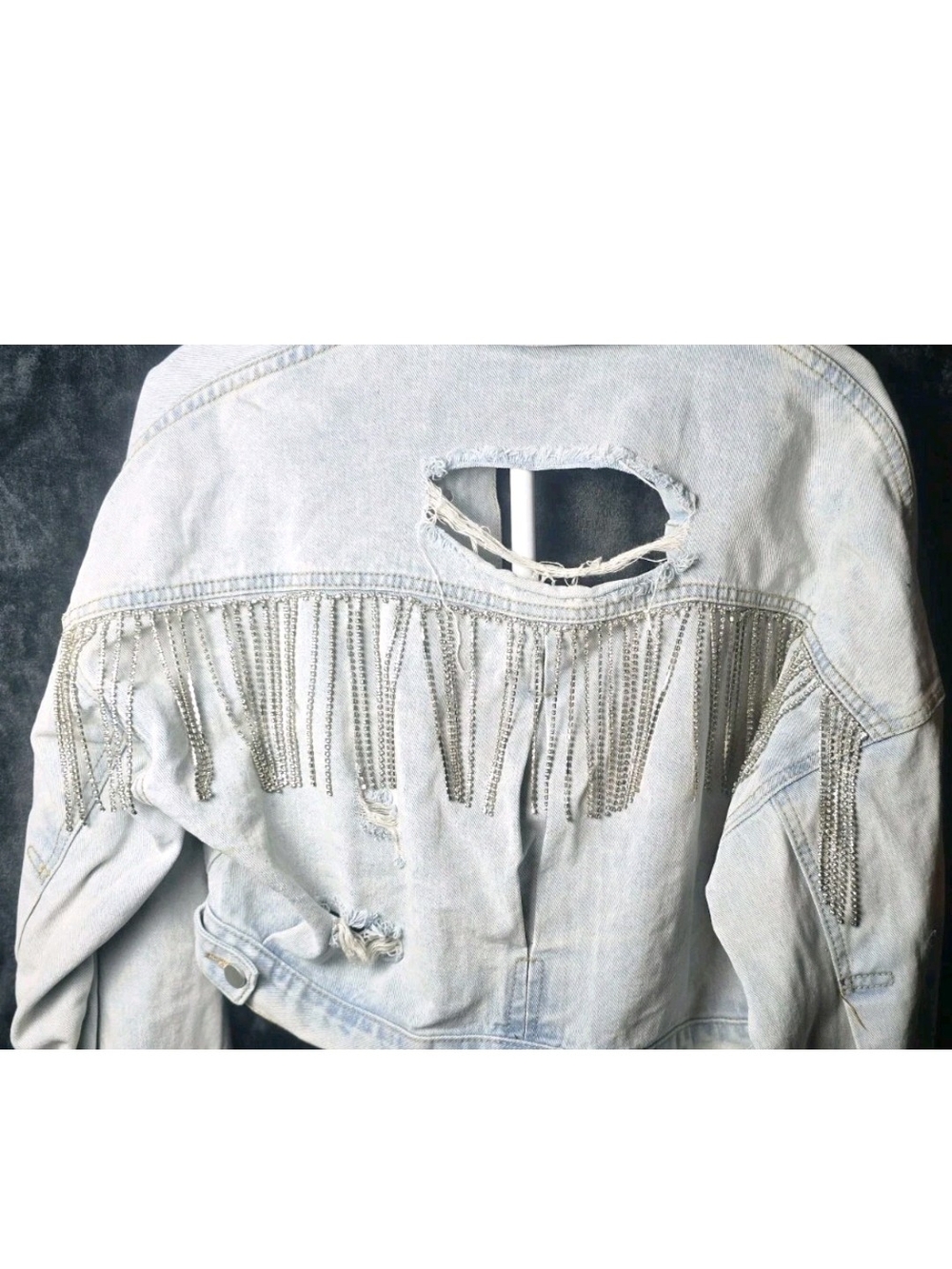 Distressed Light Wash Denim Jacket with Chain Fringe